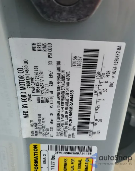 2021 Ford Bronco Sport Big Bend из США, поврежденный, VIN 3FMCR9B69MRA94468